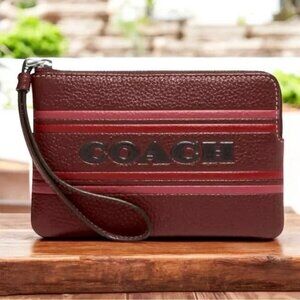 Coach Corner Zip Burgundy Wristlet with Coach Stripes in Wine Multi Color NWT